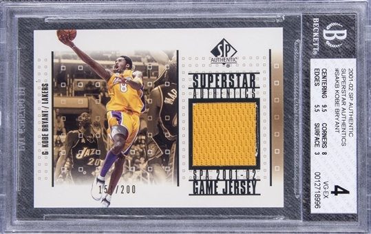 2001-02 SP Authentic Superstar Authentics #SA-KB Kobe Bryant Game Used Patch Card (#157/200) – BGS VG-EX 4